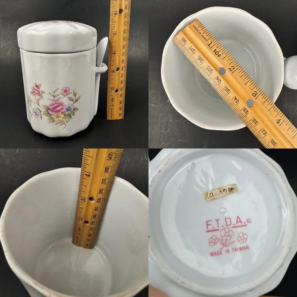 1Vtg 80s FTDA White Ceramic Floral Canister Jar w Lid Spoon Holder Tabletop READ